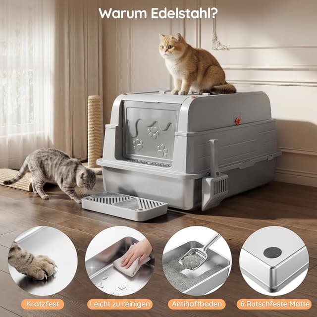 Detalle de Devoko XXXL Katzenklo aus Edelstahl mit Deckel (geschlossen, 3-in-1) für große Katzen bis 20 kg