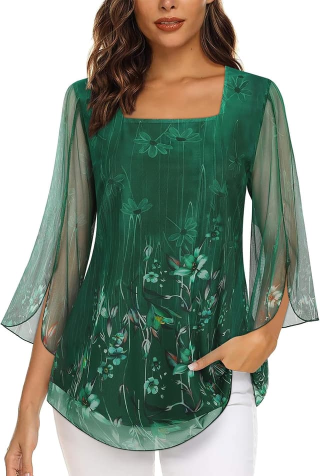 Detalle de Syphiby women’s chiffon square neck ruffle tunic top (3/4 sleeve, double layer mesh) M–3XL