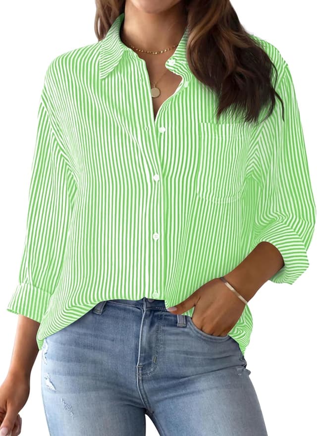 Detalle de AISEW Women’s Striped Button-Down Shirt with Pocket (Long Sleeve, Collared Office Blouse)
