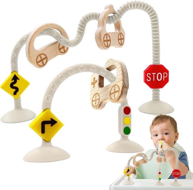 Detalle de Montessori traffic-themed suction cup sensory toy with car wooden ring (6–12 months)