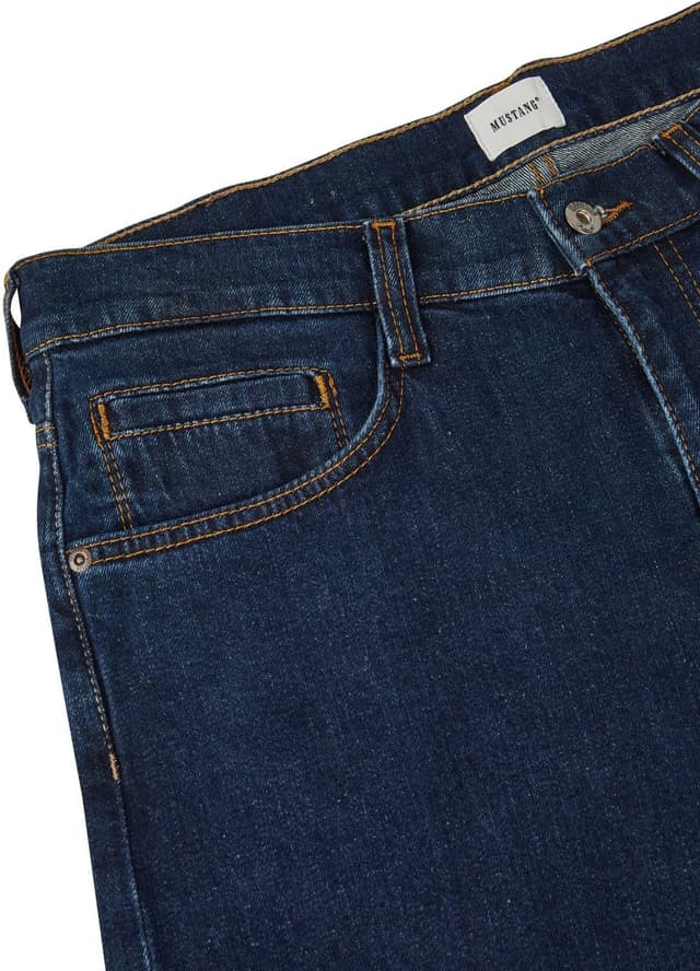 Detalle de Mustang Herren Stretch-Jeans „Oregon“ Bootcut (Schwarz/Blau) – bequem mit normalem Bund