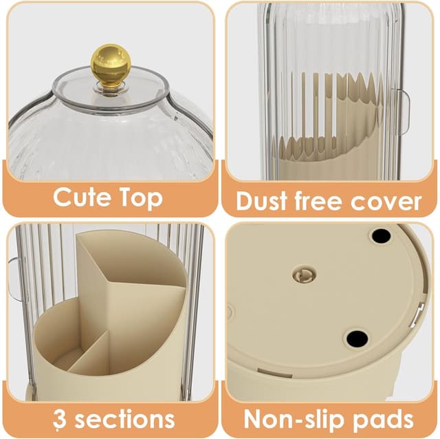 Detalle de YOOLENS 360 Rotating Makeup Brush Holder with Lid (Sliding Door, Dustproof Sections) — White Beige