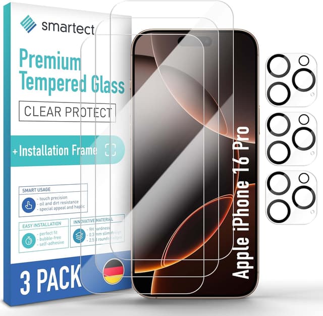 Detalle de smartect Verre Trempé (3 + 3 pièces) Clear pour iPhone 16 Pro : écran + caméra, 9H