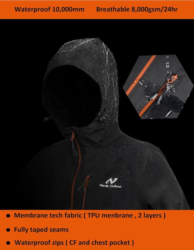 Detalle 2 de NORDIC OUTLAND Men’s Waterproof Rain Jacket – 2-layer TPU membrane hooded long raincoat