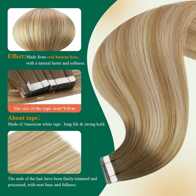 Detalle 2 de Easyouth tape-in hair extensions (real human hair) – Brown ombre blend, 16 inch, 40g