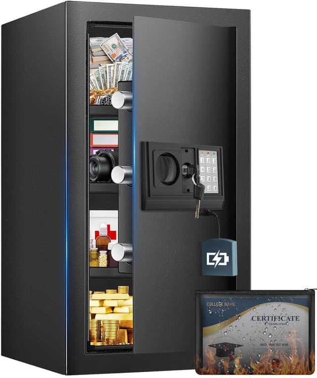 Detalle de 80L Digitaler Safe Tresor für Zuhause mit Feuerfester Tasche, Alarm & Silent-Modus sowie externer Batteriebox