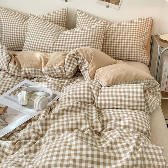 Detalle de Parure de lit Michorinee Housse de couette carreaux vichy 240 x 260 cm beige/marron avec 2 taies 65 x 65 cm