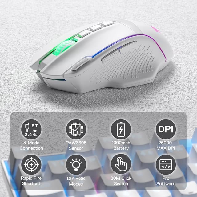 Detalle 2 de Redragon M991 Wireless Gaming Mouse (White) with Rapid Fire key, 9 macro buttons and 26000 DPI