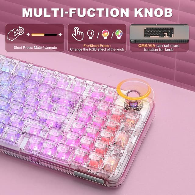 Thumbnail 6 de YUNZII X98 QMK/VIA Tri-Mode Tastatur (QMK/VIA, Hot-Swap, 2,4 GHz, Bluetooth, USB‑C, RGB „Pink/Crystal“)