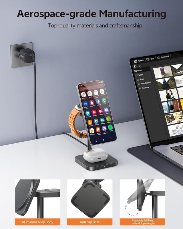 Detalle 2 de Station de charge inductive 3 en 1 LULULOOK en aluminium pour Samsung S25 Ultra, Galaxy Watch 7 et Galaxy Buds (noir)