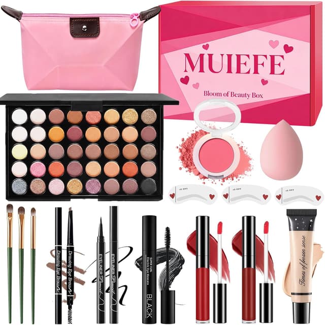 Detalle de Muiefe Kit Trucco Make Up Completo: set donna con palette, rossetti, eyeliner, mascara, sopracciglia e borsa