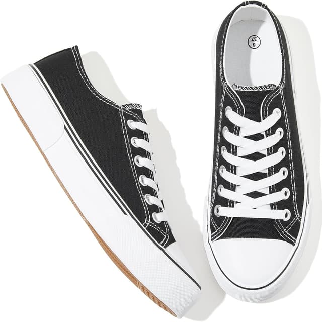 Detalle de Adokoo Canvas Tennis Shoes for Women (Low Top) — White/Black Lace-Up Casual Sneakers