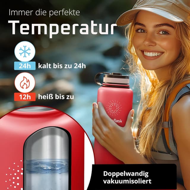 Detalle de ACTIVE FLASK Trinkflasche aus Edelstahl mit Strohhalm-Verschluss (3 Deckel), BPA-frei, auslaufsicher