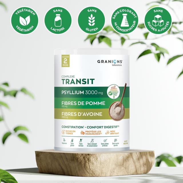 Detalle de GRANIONS Complexe Transit Psyllium 3 g (fibres de pomme et avoine) + vitamine B2, sans gluten — Cure de 2 mois