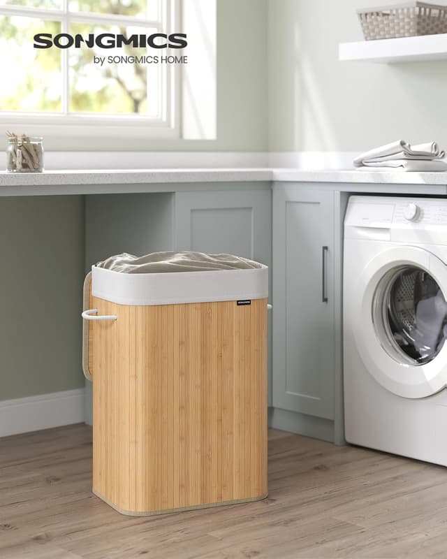 Detalle de SONGMICS LCB10Y – Panier à linge en bambou avec couvercle 72 L, pliable et sac amovible lavable