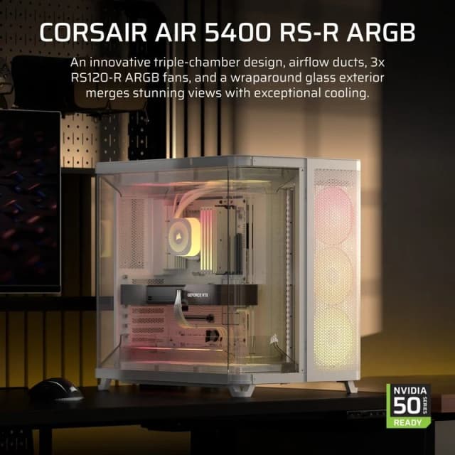 Detalle 2 de Corsair AIR 5400 RS-R ARGB con triple cámara y cristal curvo blanco
