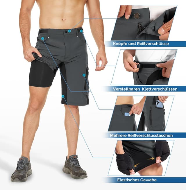 Detalle de Cycorld MTB Hose Herren – Schnelltrocknende Radlerhose mit 4D-Sitzpolster & Taschen (2-in-1-Set)