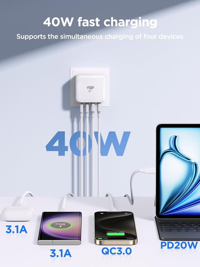 Detalle de USB C Plug UK 40W 4-Port Fast Charge Multi USB Charger (Dual PD + QC3.0)