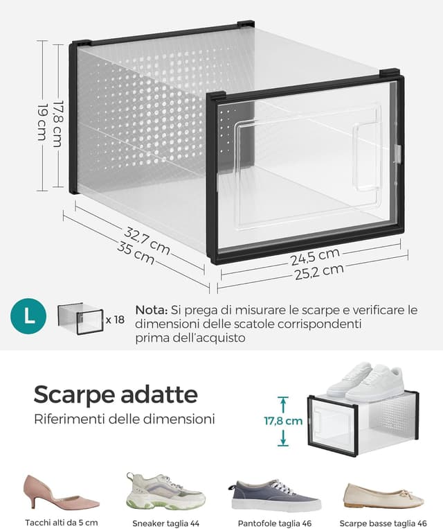Detalle de SONGMICS Scatole per Scarpe LSP007B18, set da 18 contenitori pieghevoli e impilabili fino alla taglia 46
