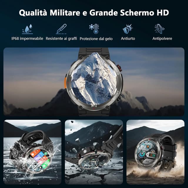 Detalle de IOWODO Smartwatch Uomo Militare 1.45" con chiamate Bluetooth, bussola e torcia LED, IP68