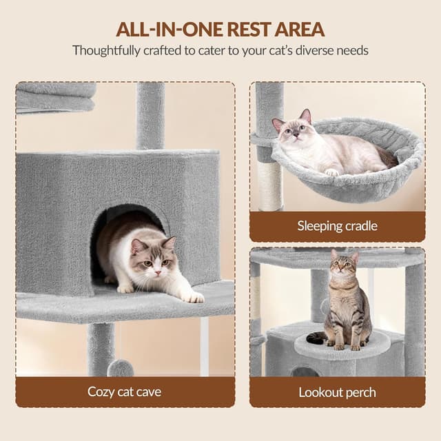 Detalle 2 de Fobyfurny Albero tiragraffi per gatti 175 cm con tiragraffi, amaca, cestini e 2 comodi condomìni (grigio chiaro) FPMS006FG1