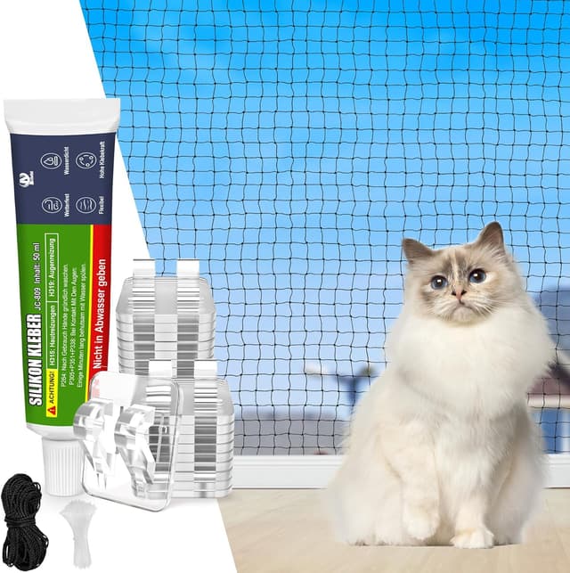 Detalle de Aystkniet Katzennetz fürs Balkon ohne Bohren (drahtverstärkt), inkl. Klebehaken & Silikonkleber