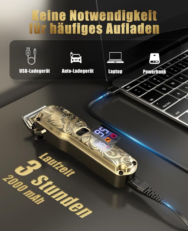 Detalle de Haarschneidemaschine für Herren (kabellos, IPX7) mit LED-Anzeige – Profi Bart- und Haarschneider