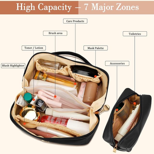 Detalle 2 de CLOUDWINGS Personalized Initial Makeup Organizer Bag Set (Open-Flat Travel Cosmetic Bags, Black)