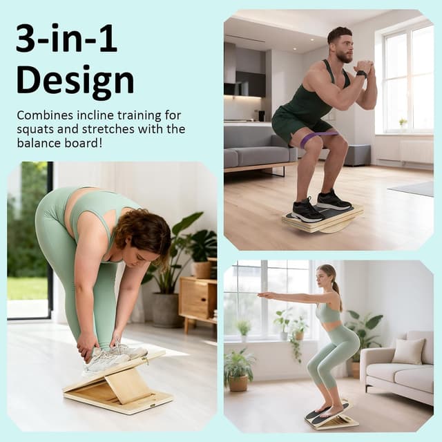 Detalle 2 de FitinOne 2-in-1 Wooden Balance Board & Slant Board with 5-Position Adjustable Incline