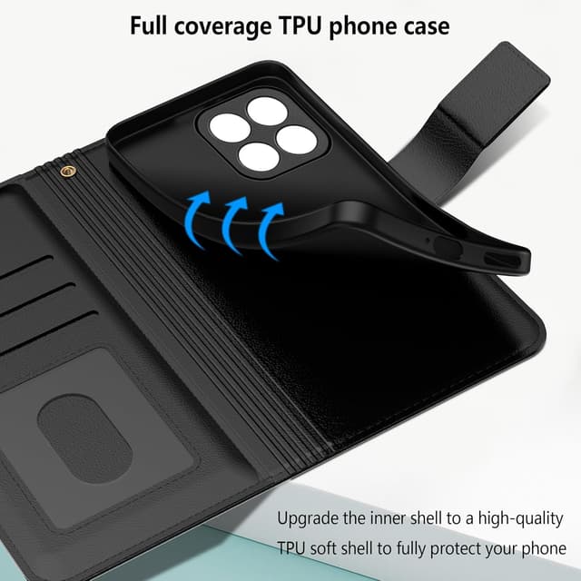 Detalle de Aiziki Handyhülle für Honor X6c – RFID-Lederklapphülle mit Kartenfächern & Standfunktion (Schwarz)