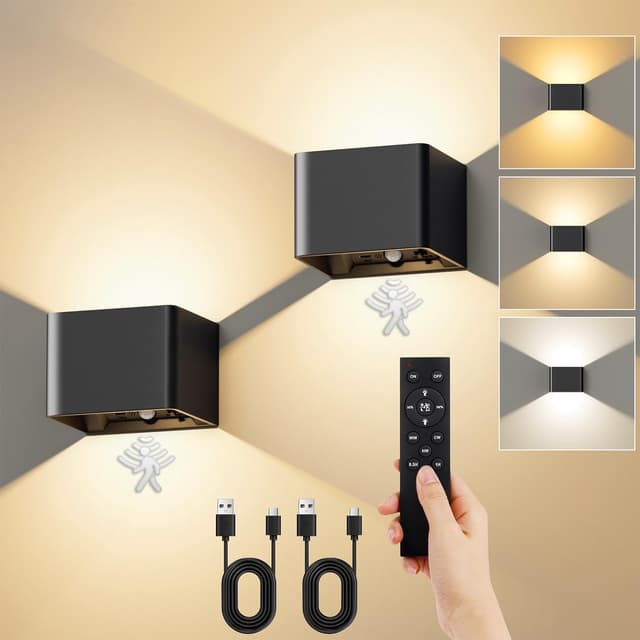 Detalle de VIWAVE 2er Set Akku-Wandleuchte innen mit Bewegungsmelder, Fernbedienung & 3 Farbtemperaturen (dimmbar)