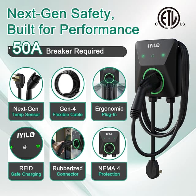 Detalle de IYILO Level 2 EV Charger (40A/9.6kW) J1772 with Wi‑Fi, RFID & Dual Temp Sensors, NEMA 14-50P, ETL & Energy Star