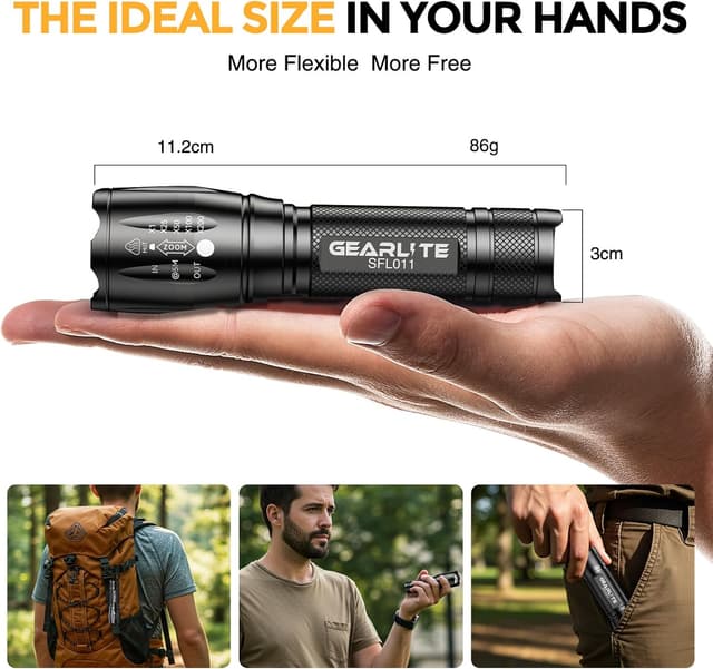 Detalle de GEARLITE LED Torch Rechargeable 2-Pack (2000LM) – Zoomable, 3 Modes, IP65