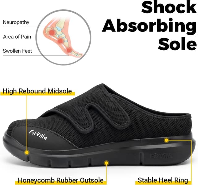 Detalle de FitVille chaussons diabétiques extra larges pour hommes (sans lacets) — soutien pour pieds gonflés