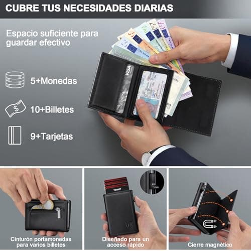 Detalle de TENBST Cartera de hombre delgada con protección RFID y cierre magnético
