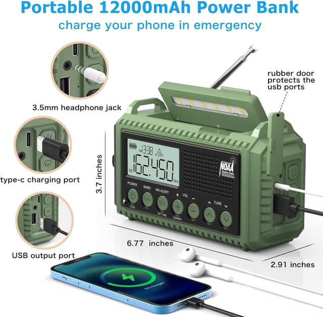 Detalle de Eoxsmile NOAA Weather Radio 12000mAh Emergency Crank & Solar AM/FM Shortwave Radio (USB-C)