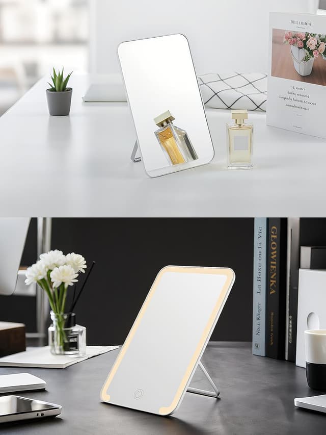 Detalle 2 de OMIRO Desk Makeup Mirror (8 x 5 inches) with Foldable Stand, Hanging Hole, Portable Table Mirror in White