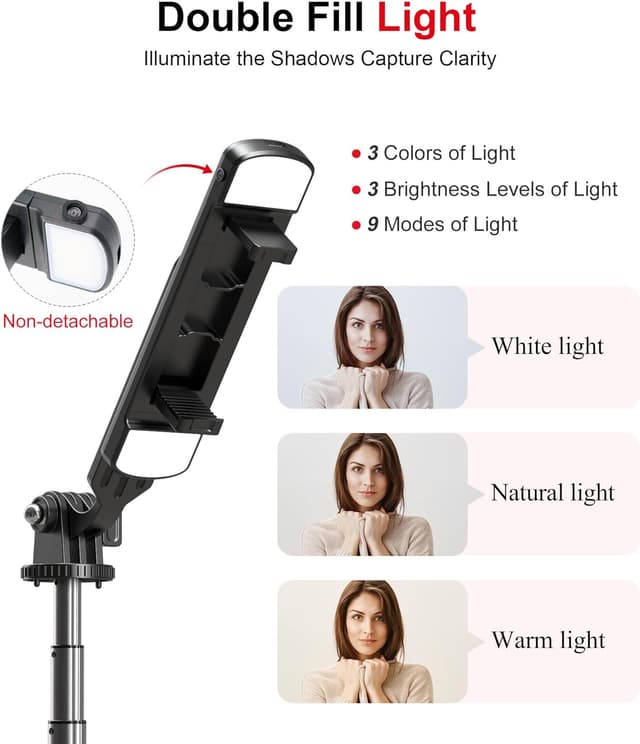 Detalle 2 de ASHINER 180cm Selfie Stick Phone Tripod with Remote and LED Fill Lights