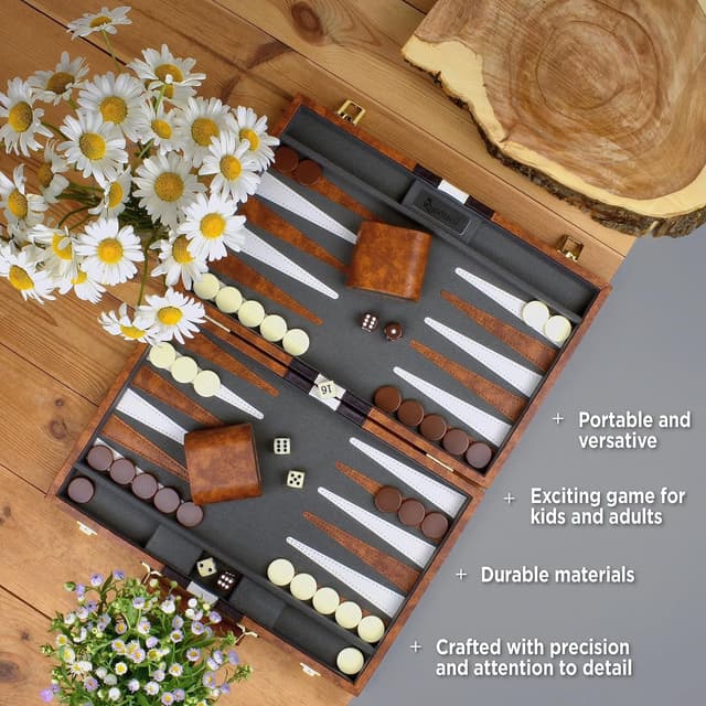 Detalle de Large Backgammon Sets for Adults (15-inch) in PU Leather Case — Classic 2-Player Board Game Gift