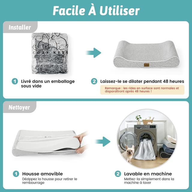 Detalle 2 de COZY KISS Panier Chien XL Orthopédique 130x90x20 cm avec bords surélevés, coussin lavable gris