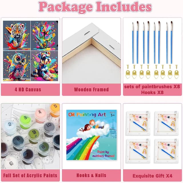 Detalle de WEMEON 4 Pack Paint by Numbers for Children (Framed) – 8x8 Inch Kids Painting Kits Ages 4–8–12