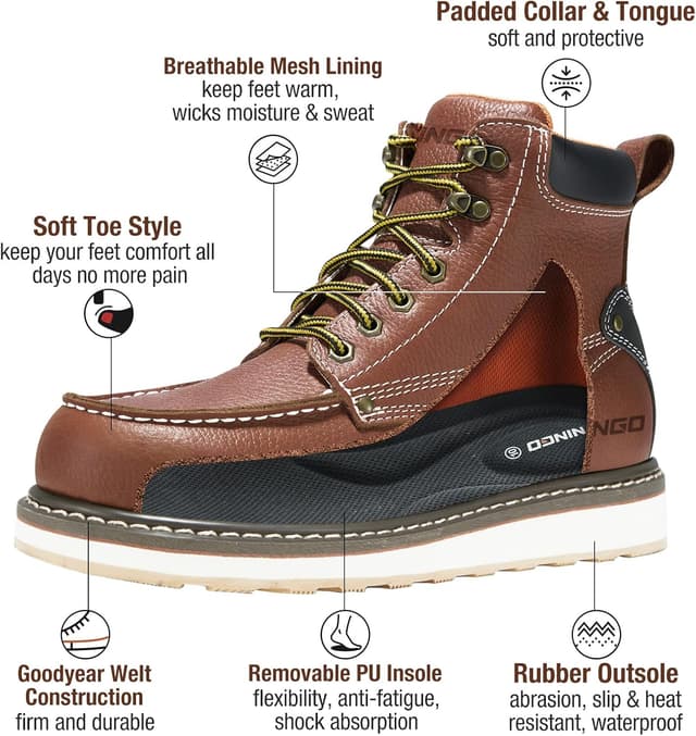 Detalle 2 de HISEA NINGO Men’s 6-Inch Work Boots with Composite/Soft Toe, Water-Resistant Slip-Resistant Industrial Boots