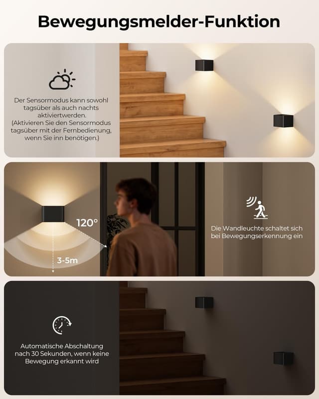 Detalle de VIWAVE 4er-Set Akku-Wandleuchten innen mit Bewegungsmelder & Fernbedienung (3 Farbtemperaturen, dimmbar)