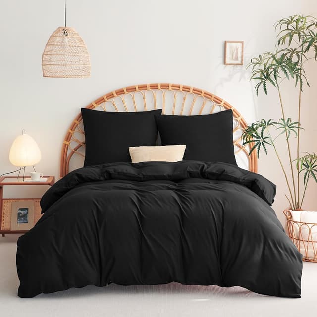 Detalle 2 de WAVVE Bettwäsche 220x240 3-teilig Schwarz (1 Bettbezug 220x240 + 2 Kissenbezüge 80x80) aus Mikrofaser