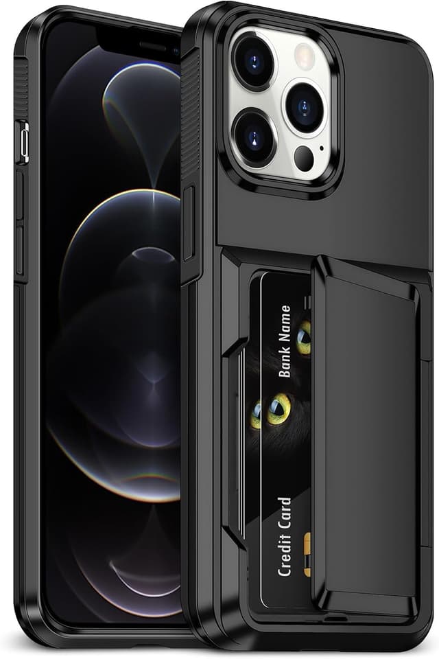 Detalle de Aolcev iPhone 12 / 12 Pro case with card holder (up to 4 cards) – dual-layer shockproof wallet cover, black