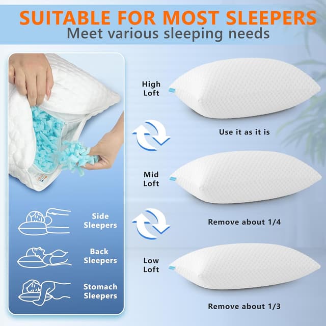 Detalle de UYWO Cooling Pillows Queen Size (Set of 2) — Memory Foam Adjustable Cooling Pillows with Dual-Temp Covers