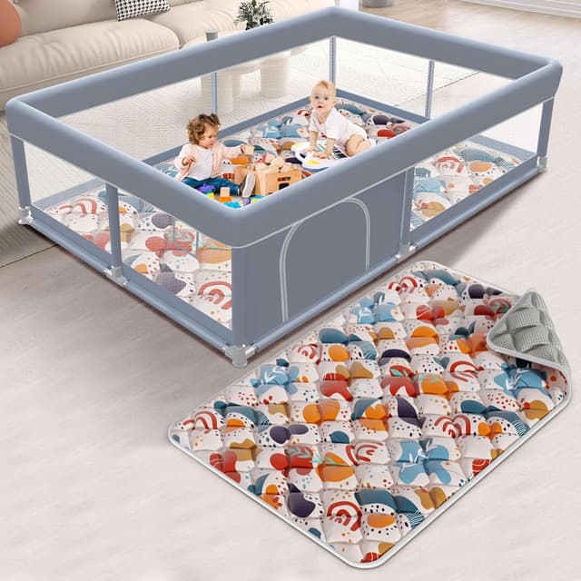 Detalle de XVISHX 65 x 50 Inch Baby Playpen with Mat, Playard for Indoor & Outdoor Use (Grey)