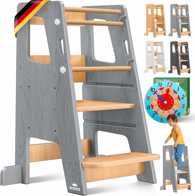 Detalle de KIDIZ Lernturm für Kinder ab 1 Jahr inkl. Lernuhr – höhenverstellbarer Montessori Learning Tower aus Kiefernholz