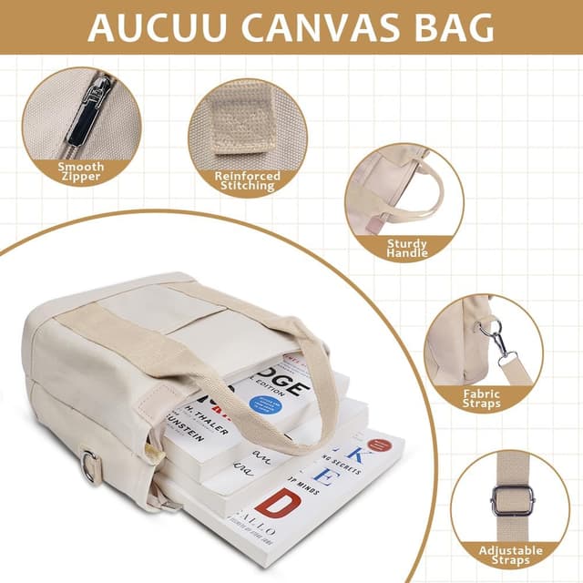 Thumbnail 6 de Aucuu sac fourre-tout en toile pour femme avec bandoulière réglable et fermeture éclair