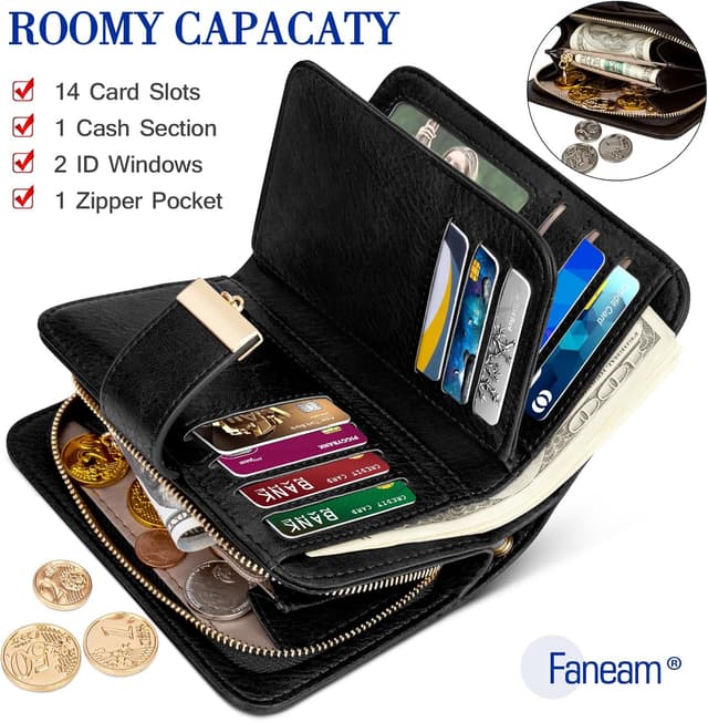 Detalle de Faneam Damen-Geldbörse aus Leder mit RFID-Schutz und 14 Kartenfächern
